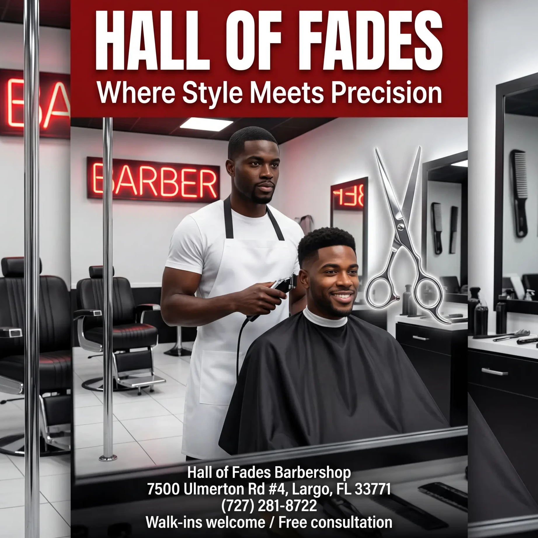 Hall of Fades Barbershop cinematic flyer